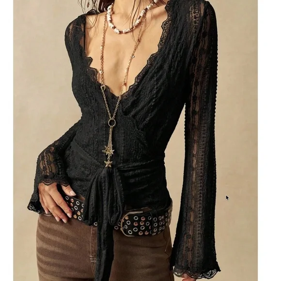 Boho Floral Lace V neck Semi Sheer Long Sleeve Flare Top - Picture 5 of 9